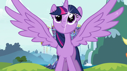 Size: 1280x720 | Tagged: safe, screencap, applejack, twilight sparkle, alicorn, pony, g4, intro, looking up, opening, sparkles, spread wings, theme song, twilight sparkle (alicorn), twilight's castle, wings