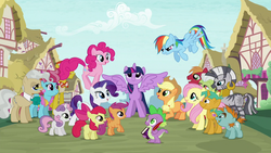 Size: 1280x720 | Tagged: safe, screencap, apple bloom, applejack, big macintosh, carrot cake, cup cake, fluttershy, granny smith, mayor mare, pinkie pie, rainbow dash, rarity, scootaloo, snails, snips, spike, sweetie belle, twilight sparkle, zecora, alicorn, dragon, earth pony, pegasus, pony, unicorn, zebra, g4, book, colt, cutie mark crusaders, female, filly, intro, male, mane seven, mane six, mare, opening, ponyville, quill, stallion, theme song, twilight sparkle (alicorn)