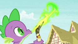 Size: 1280x720 | Tagged: safe, screencap, spike, dragon, g4, dragon mail, fire, fire breath, intro, male, opening, ponyville, scroll, solo, theme song