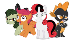 Size: 750x426 | Tagged: safe, artist:undeadponysoldier, artist:vector-brony, artist:yetioner, editor:undeadponysoldier, apple bloom, scootaloo, spike, sweetie belle, dragon, pony, elements of insanity, g4, angry, annoyed, apple bloom is not amused, assspike, assspike is not amused, creepy belle, creepy belle is not amused, cutie mark creeps, cutie mark crusaders, derp, faic, female, filly, francie bloom, francie bloom is not amused, grumpy, karateloo, looking at you, simple background, spike is not amused, unamused, white background, wings