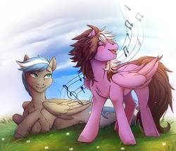 Size: 964x829 | Tagged: safe, artist:1an1, oc, oc only, oc:cloud zapper, oc:stormblaze, pegasus, pony, blushing, chest fluff, duo, eyes closed, music notes, prone, singing