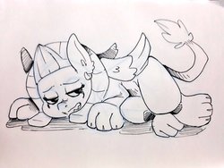 Size: 1024x768 | Tagged: safe, artist:raph13th, the sphinx, sphinx, g4, female, lidded eyes, monochrome, quadrupedal, simple background, solo, traditional art, white background