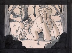 Size: 1794x1328 | Tagged: safe, artist:raph13th, tree hugger, earth pony, pony, g4, face down ass up, female, forest, monochrome, solo, traditional art