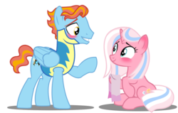 Size: 1024x650 | Tagged: safe, artist:warriorflashfire, clear sky, wind rider, pegasus, pony, unicorn, g4, base used, blushing, clearrider, clothes, female, headcanon, male, mare, shipping, simple background, stallion, straight, towel, transparent background, uniform, wonderbolt trainee uniform, younger