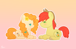 Size: 1400x900 | Tagged: safe, artist:luminousdazzle, bright mac, pear butter, earth pony, pony, g4, the perfect pear, abstract background, blushing, chibi, female, looking at each other, male, prone, ship:brightbutter, shipping, signature, straight