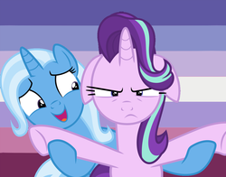 Size: 1010x791 | Tagged: dead source, safe, artist:lynmunn, starlight glimmer, trixie, pony, g4, female, floppy ears, lesbian, lesbian pride flag, ship:startrix, shipping, trixie's puppeteering