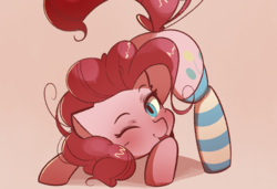 Size: 1280x876 | Tagged: safe, artist:luxaestas, pinkie pie, earth pony, pony, g4, :p, clothes, cute, diapinkes, face down ass up, female, looking at you, one eye closed, raspberry, socks, solo, striped socks, tongue out, wink