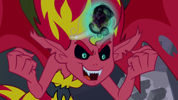Size: 1920x1080 | Tagged: safe, screencap, sunset shimmer, demon, equestria girls, g4, my little pony equestria girls, big crown thingy, element of magic, evil grin, evil magic, fangs, female, grin, jewelry, monster, regalia, smiling, solo, sunset satan