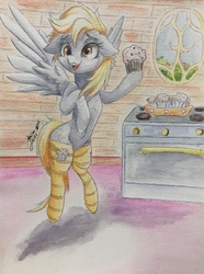 Size: 2618x3525 | Tagged: safe, artist:galinn-arts, derpy hooves, pony, g4, bipedal, clothes, cute, derpabetes, female, floppy ears, food, high res, hoof hold, muffin, oven, signature, smiling, socks, solo, striped socks, traditional art, watercolor painting