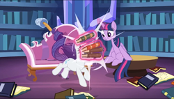 Size: 933x530 | Tagged: safe, screencap, rarity, twilight sparkle, alicorn, pony, unicorn, dragon dropped, g4, bitch slap, book, couch, face into books, library, twilight sparkle (alicorn), twilight's castle, twilight's castle library