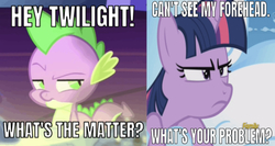 Size: 640x340 | Tagged: safe, edit, edited screencap, editor:undeadponysoldier, screencap, spike, twilight sparkle, alicorn, dragon, pony, series:spikebob scalepants, g4, the cutie re-mark, triple threat, caption, discovery family logo, female, grumpy, i can't see my forehead, image macro, male, mare, meme, patty hype, reference, spike is not amused, spongebob squarepants, text, twilight sparkle (alicorn), twilight sparkle is not amused, unamused