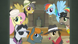 Size: 1920x1080 | Tagged: safe, screencap, a.k. yearling, biff, daring do, doctor caballeron, fluttershy, rainbow dash, rogue (g4), withers, earth pony, pegasus, pony, daring doubt, g4, cute, cutealleron, daring dorable, dashabetes, fantasy class, fedora, female, hat, henchmen, male, mare, pith helmet, rogue, shyabetes, sideburns, stallion, sunglasses, temple