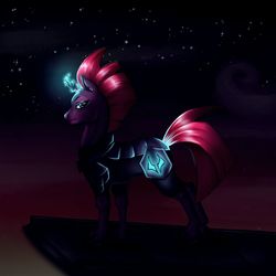 Size: 1024x1024 | Tagged: safe, artist:chiisai-hana, artist:mrscarterx3, artist:verdizonee, tempest shadow, pony, unicorn, g4, my little pony: the movie, broken horn, cliff, female, glowing horn, horn, looking at you, mare, night, profile, sky, smiling, smirk, solo, stars, storm king armor