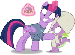Size: 2998x2210 | Tagged: safe, artist:frownfactory, dj pon-3, spike, twilight sparkle, vinyl scratch, alicorn, dragon, pony, a trivial pursuit, g4, .svg available, bell, clothes, grin, hat, high res, horn, levitation, magic, nightcap, nightgown, shirt, simple background, smiling, svg, telekinesis, transparent background, twilight sparkle (alicorn), vector, winged spike, wings, you gonna get raped