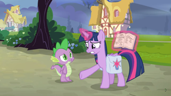 Size: 1600x900 | Tagged: safe, screencap, spike, twilight sparkle, alicorn, dragon, pony, a trivial pursuit, g4, book, house, levitation, magic, outdoors, road, saddle bag, telekinesis, tree, twilight sparkle (alicorn), winged spike, wings