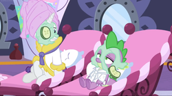 Size: 928x521 | Tagged: safe, screencap, rarity, spike, dragon, pony, unicorn, dragon dropped, g4, cucumber, cucumber pirate, female, food, male, mare, mud mask, sad, spa, winged spike, wings, worried