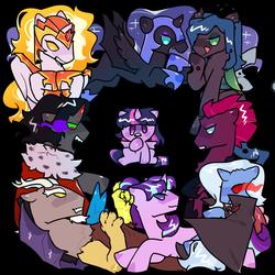 Size: 1025x1025 | Tagged: safe, artist:snowillusory, daybreaker, discord, king sombra, nightmare moon, queen chrysalis, starlight glimmer, tempest shadow, trixie, twilight sparkle, alicorn, changeling, changeling queen, draconequus, pony, unicorn, g4, alicorn amulet, antagonist, broken horn, chibi, female, hoof shoes, horn, male, mare, s3 trixie, s5 starlight, sombra eyes, stallion, twilight sparkle (alicorn)