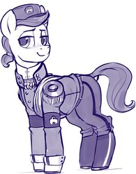 Size: 1396x1786 | Tagged: safe, artist:dimfann, oc, earth pony, pony, clothes, dimfann's war universe, epaulettes, lidded eyes, looking at you, military uniform, monochrome, simple background, standing, three quarter view, turned head, uniform, white background
