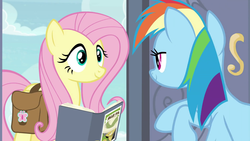 Size: 1920x1080 | Tagged: safe, screencap, fluttershy, rainbow dash, pegasus, pony, daring doubt, g4, leak, bedroom eyes, book, daring do and the fallen idol, happy, house, looking at each other
