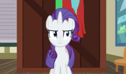 Size: 854x498 | Tagged: safe, screencap, rarity, pony, unicorn, dragon dropped, g4, cape, clothes, crate, post office, rarity is not amused, unamused