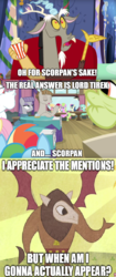 Size: 712x1700 | Tagged: safe, edit, edited screencap, screencap, bon bon, bulk biceps, daisy, discord, flower wishes, fluttershy, granny smith, lily, lily valley, lyra heartstrings, maud pie, mudbriar, rainbow dash, roseluck, scorpan, sweetie drops, draconequus, earth pony, gargoyle, pegasus, pony, unicorn, a trivial pursuit, g4, my little pony best gift ever, twilight's kingdom, comic, flower, food, harsher in hindsight, implied lord tirek, meme, popcorn, screencap comic, text, they wasted a perfectly good character