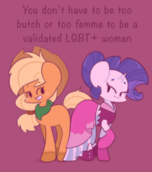 Size: 1064x1201 | Tagged: safe, artist:typhwosion, applejack, rarity, earth pony, pony, unicorn, g4, alternate hairstyle, bandana, clothes, cute, dress, duo, female, freckles, gloves, hoof shoes, lesbian, lgbt, mare, mouthpiece, pink background, positive ponies, pride, raised hoof, ship:rarijack, shipping, simple background
