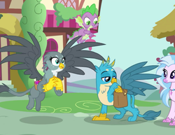 Size: 880x681 | Tagged: safe, screencap, gabby, gallus, silverstream, spike, dragon, griffon, hippogriff, dragon dropped, g4, bag, cropped, cute, diastreamies, female, male, saddle bag, shipping fuel, winged spike, wings
