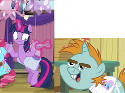 Size: 1276x954 | Tagged: safe, edit, screencap, cup cake, rainbow dash, snips, twilight sparkle, alicorn, pony, unicorn, derpibooru, a trivial pursuit, g4, the mysterious mare do well, bucktooth, clothes, colt, juxtaposition, male, meta, open mouth, saddle bag, scissors, shirt, t-shirt, twilight sparkle (alicorn)
