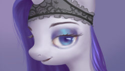 Size: 2261x1280 | Tagged: safe, rarity, pony, unicorn, g4, bedroom eyes, clothes, female, lingerie, panties on head, smiling, solo
