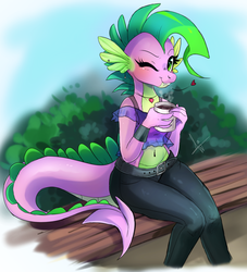 Size: 1570x1730 | Tagged: dead source, safe, artist:wilvarin-liadon, spike, dragon, anthro, g4, barb, belly button, bench, blushing, clothes, coffee, cropped, dragoness, fangs, female, heart, looking at you, midriff, one eye closed, rule 63, solo, wink