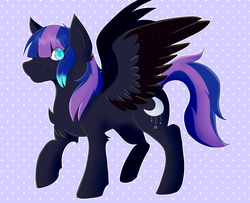Size: 2371x1928 | Tagged: safe, artist:kazehanatenshi, oc, oc only, oc:night fall, pegasus, pony, abstract background, art trade, chest fluff, cutie mark, eye clipping through hair, freckles, looking at you, pegasus oc, raised hoof, smiling, solo, starry wings, wings