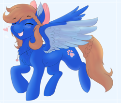 Size: 1447x1235 | Tagged: safe, artist:kazehanatenshi, oc, oc only, oc:happy midnight, pegasus, pony, abstract background, blushing, bow, braid, chest fluff, colored wings, commission, cutie mark, ear fluff, eyebrows, eyebrows visible through hair, eyes closed, female, hair bow, happy, heart, jewelry, mare, necklace, open mouth, solo, spread wings, wings
