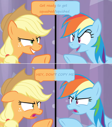 Size: 1600x1802 | Tagged: safe, edit, edited screencap, screencap, applejack, rainbow dash, pony, a trivial pursuit, g4, angry, copying, dialogue, rivalry, speech bubble, split screen, upset