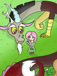 Size: 496x658 | Tagged: safe, artist:fluttercord45, discord, fluttershy, draconequus, human, equestria girls, g4, child, cute, discute, duo, plushie, younger