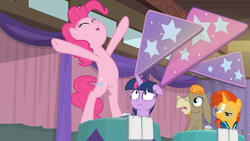 Size: 1600x900 | Tagged: safe, screencap, cranky doodle donkey, pinkie pie, sunburst, twilight sparkle, alicorn, pony, a trivial pursuit, g4, bell, bipedal, curtains, floppy ears, male, notepad, on table, outstretched arms, outstretched hoof, shocked, stallion, standing, stars, table, twilight sparkle (alicorn)