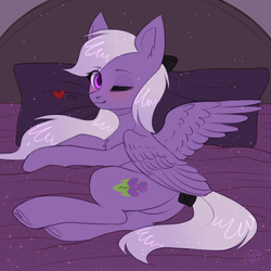 Size: 2000x2000 | Tagged: safe, artist:avrameow, oc, oc:yoko, pony, bed, heart, high res, one eye closed, pegasus oc, pillow, sparkles, wink, ych result