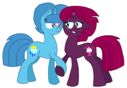 Size: 1495x1042 | Tagged: safe, artist:徐詩珮, fizzlepop berrytwist, spring rain, tempest shadow, pony, unicorn, g4, base used, broken horn, female, horn, lesbian, mare, ship:springshadow, shipping, simple background, transparent background