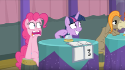 Size: 1600x900 | Tagged: safe, screencap, cranky doodle donkey, pinkie pie, twilight sparkle, alicorn, pony, a trivial pursuit, g4, agitated, curtains, nervous, pinkie pie is best facemaker, sitting, table, twilight sparkle (alicorn)