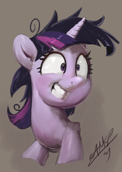 Size: 680x960 | Tagged: safe, artist:assasinmonkey, twilight sparkle, alicorn, pony, a trivial pursuit, g4, crazy face, digital painting, faic, female, grin, messy mane, smiling, solo
