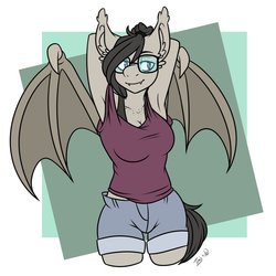 Size: 894x894 | Tagged: safe, artist:angel mutts, oc, oc only, oc:titty sprinkles, bat pony, anthro, anthro oc, arm behind head, armpits, bat pony oc, bat wings, breasts, clothes, female, freckles, glasses, simple background, solo, wings