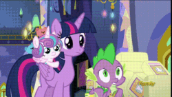 Size: 800x450 | Tagged: safe, screencap, princess flurry heart, spike, twilight sparkle, alicorn, dragon, pony, a flurry of emotions, g4, adorable face, animated, castle, cute, discovery family logo, female, filly, flurrybetes, male, mare, no, nodding, teddy bear, twilight sparkle (alicorn), twilight's castle, yes