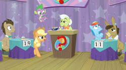 Size: 1366x766 | Tagged: safe, screencap, applejack, doctor whooves, granny smith, matilda, rainbow dash, spike, time turner, dragon, a trivial pursuit, g4, bell, card, curtains, podium, question mark, table, whistling, winged spike, wings