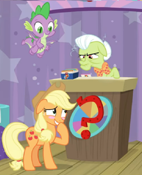 Size: 626x768 | Tagged: safe, edit, edited screencap, screencap, applejack, granny smith, spike, dragon, a trivial pursuit, g4, blushing, card, cropped, cute, disappointed, embarrassed, granny smith is not amused, jackabetes, podium, question mark, stare, unamused, winged spike, wings