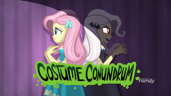 Size: 2048x1152 | Tagged: safe, screencap, fluttershy, vampire, costume conundrum, equestria girls, equestria girls series, g4, spoiler:choose your own ending (season 2), spoiler:eqg series (season 2), back to back, discovery family logo, duality, female, flutterbat, geode of fauna, magical geodes, self paradox, title card