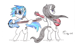 Size: 3500x2477 | Tagged: safe, artist:gafelpoez, dj pon-3, octavia melody, vinyl scratch, earth pony, pony, unicorn, g4, bass guitar, bipedal, guitar, high res, musical instrument, queen, red special