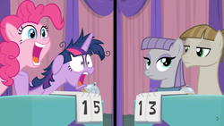 Size: 1366x768 | Tagged: safe, screencap, maud pie, mudbriar, pinkie pie, twilight sparkle, alicorn, earth pony, pony, a trivial pursuit, g4, bell, curtains, female, floppy ears, frazzled, group, jaw drop, looking at each other, male, mare, messy mane, quartet, score, smiling, split screen, stallion, table, twilight sparkle (alicorn)