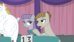 Size: 1366x768 | Tagged: safe, screencap, bulk biceps, maud pie, mudbriar, pony, a trivial pursuit, g4, bell, curtains, female, male, notepad, score, table