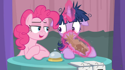 Size: 1366x768 | Tagged: safe, screencap, pinkie pie, twilight sparkle, alicorn, pony, a trivial pursuit, g4, bell, curtains, floppy ears, frazzled, levitation, magic, messy mane, nervous, notepad, paper bag, table, telekinesis, twilight sparkle (alicorn)