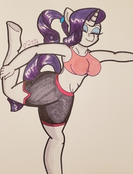 Size: 1820x2368 | Tagged: safe, artist:iffoundreturntorarity, rarity, anthro, g4, alternate hairstyle, clothes, pants, ponytail, stretching, traditional art, yoga, yoga pants