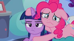 Size: 1280x720 | Tagged: safe, screencap, pinkie pie, rarity, twilight sparkle, alicorn, pony, g4, tanks for the memories, floppy ears, hind legs, sad, teary eyes, twilight sparkle (alicorn)